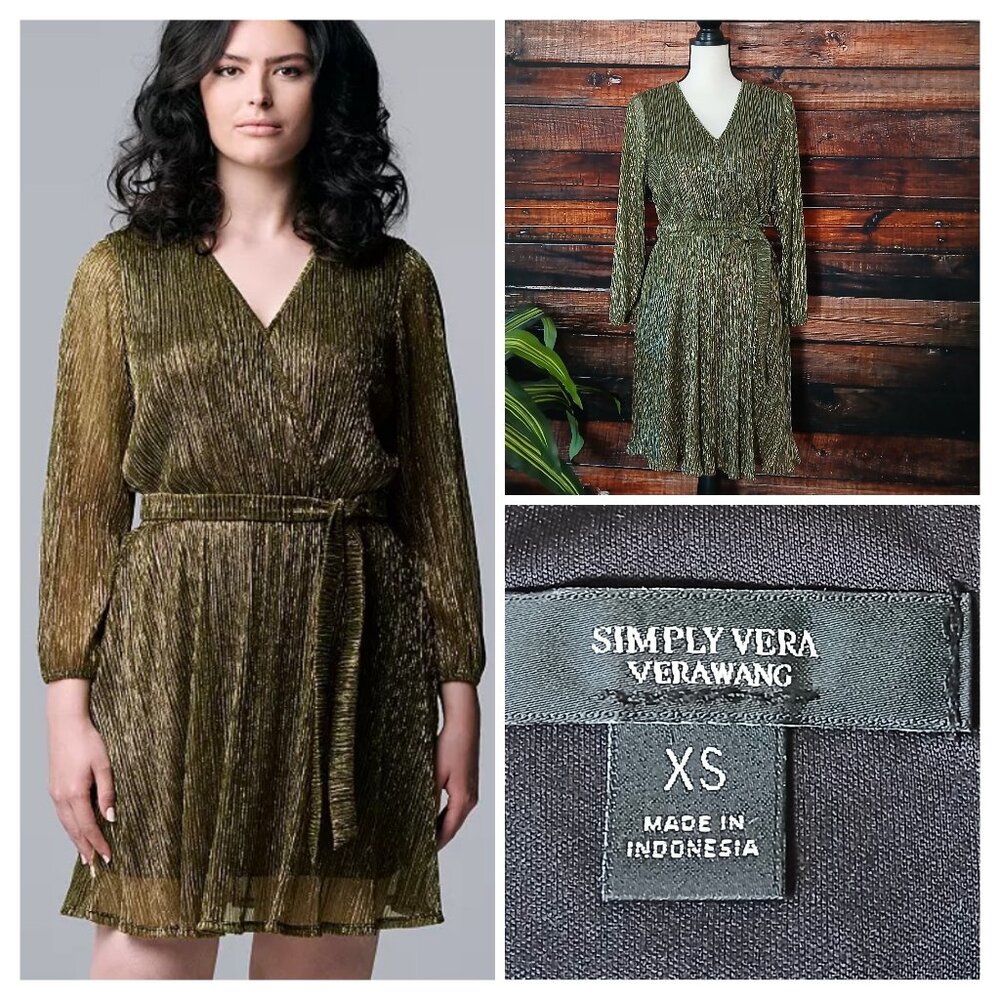 Simply Vera Wang Dress XS Gold Metallic Belted 3/4 Sheer Sleeves NEW
